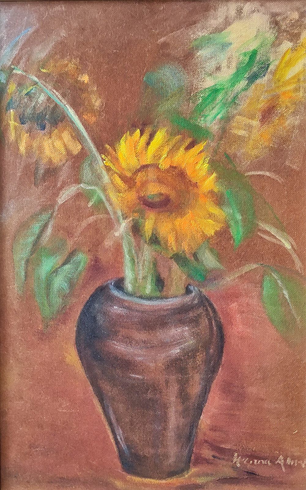 Hanna Ahrens. Worpswede. Stillleben Sonnenblumen. Öl auf Hartfaserplatte.