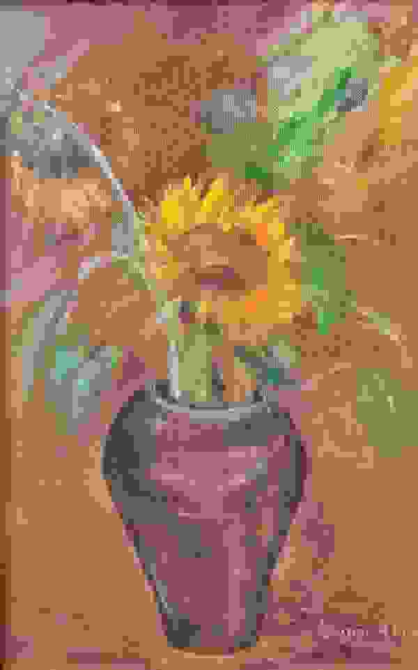 Hanna Ahrens. Worpswede. Stillleben Sonnenblumen. Öl auf Hartfaserplatte.