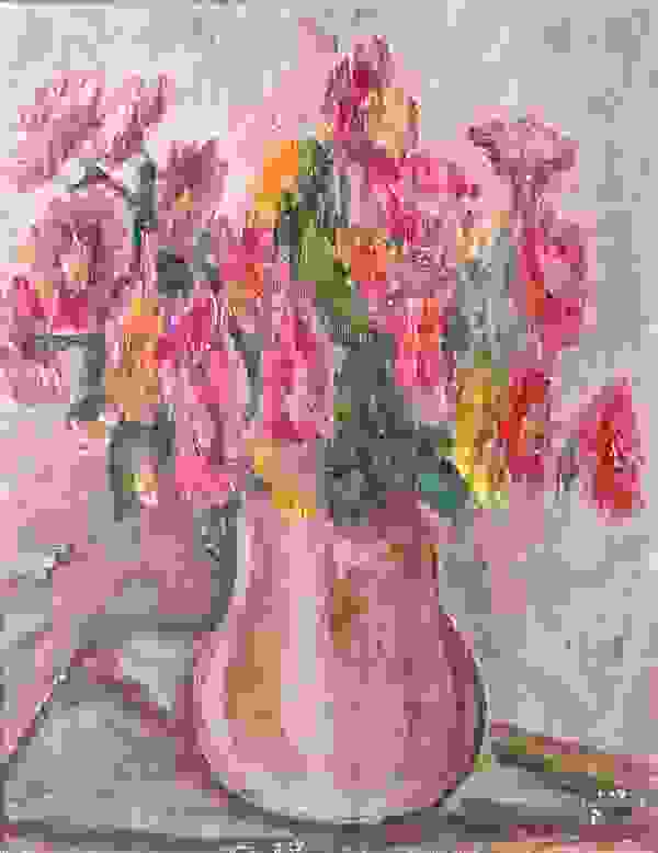 Hanna Ahrens Worpswede. Stillleben. Blumenstrauß in der Vase. Öl auf Leinwand.