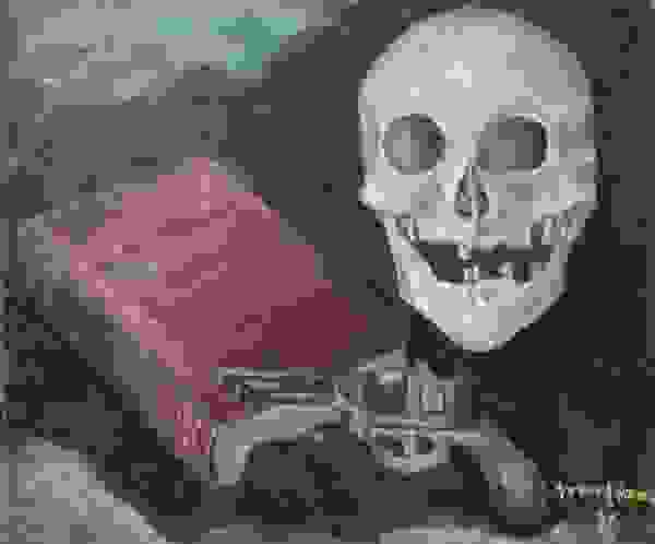 Vanitas. Stillleben Totenkopf mit Buch und Revolver. Öl auf Leinwand. 1936 Hanna Ahrens