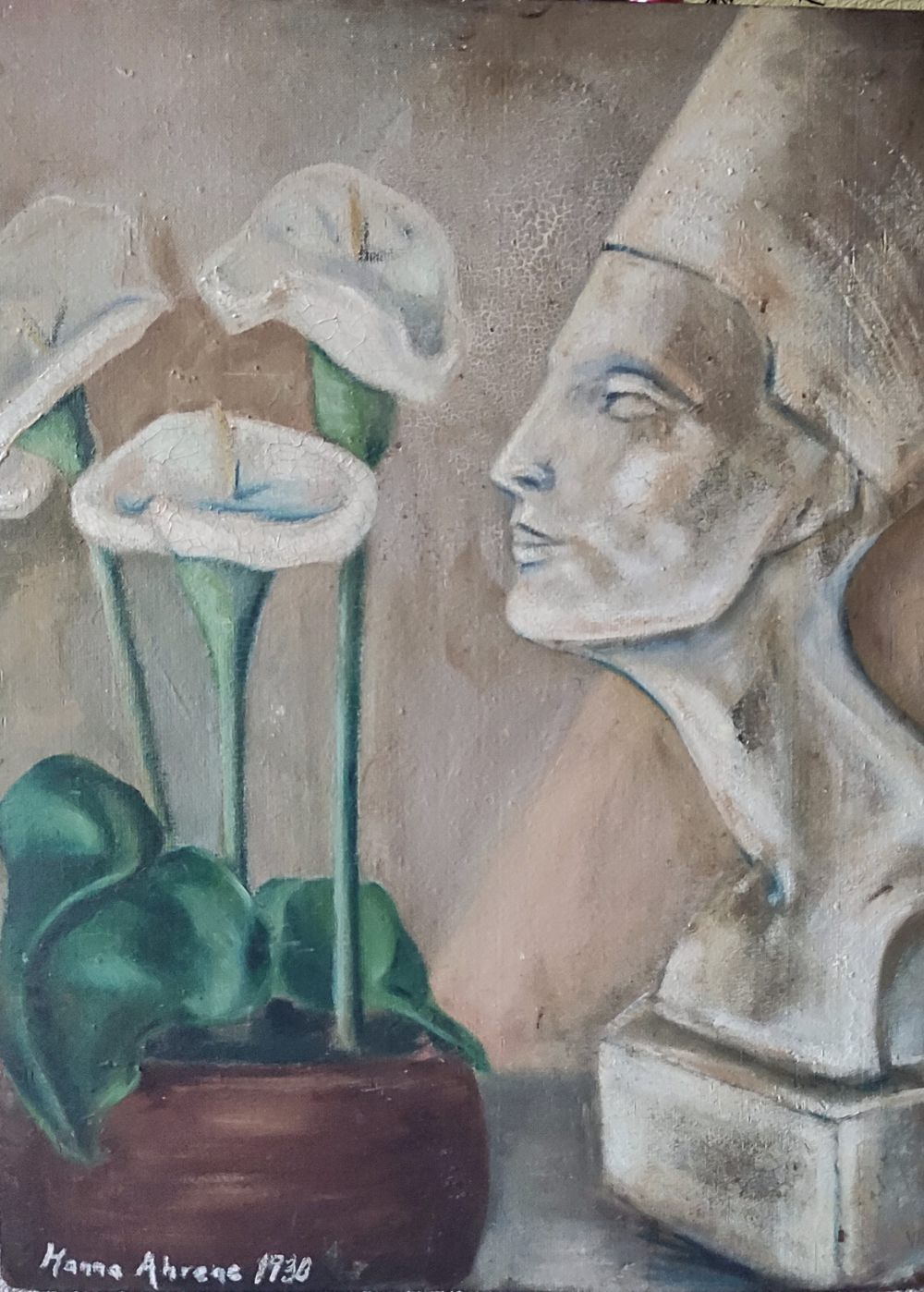 Nofretete mit Calla 1930, Öl auf Malkarton, Hanna Ahrens